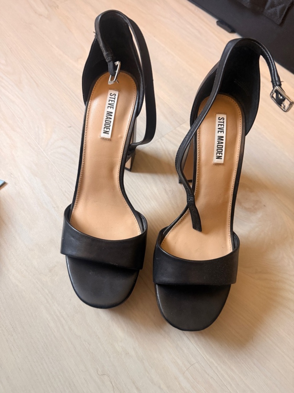 Steve Madden Black Leather Block-Heel Ankle-Strap Sandals